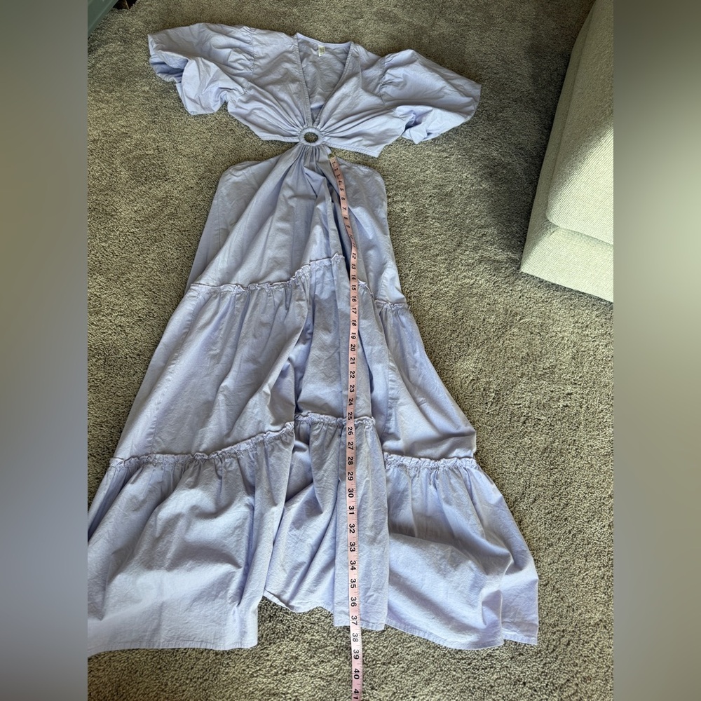 Lavender Tiered Maxi Dress with Front Ring & Puff Sleeve open back 100% cotton - Picture 11 of 13